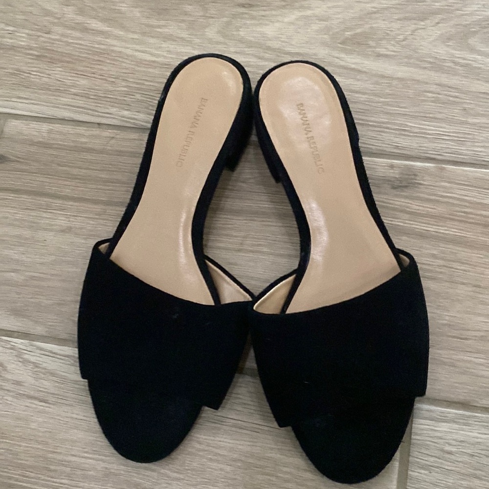 Black suede slip on sandals